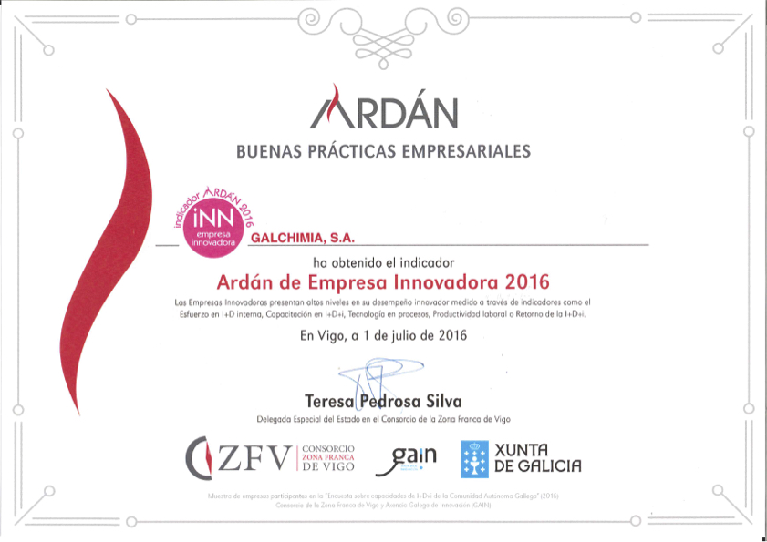 GalChimia alcanza el indicador ARDÁN EMPRESA INNOVADORA 2016