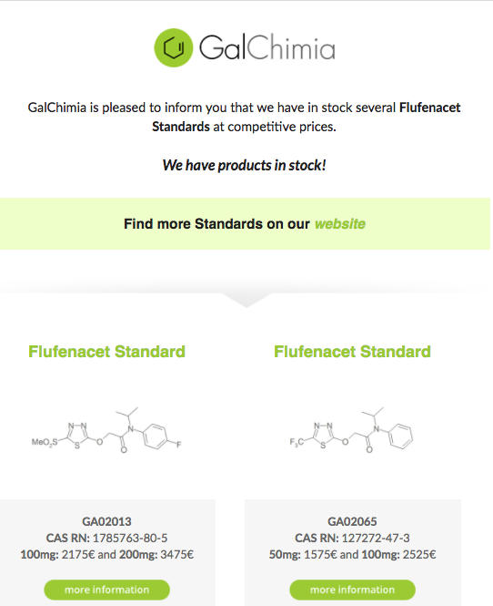 GalChimia is pleased to inform you that we have in stock several Flufenacet Standards at competitive prices. We are pleased to offer you Good Chemistry.