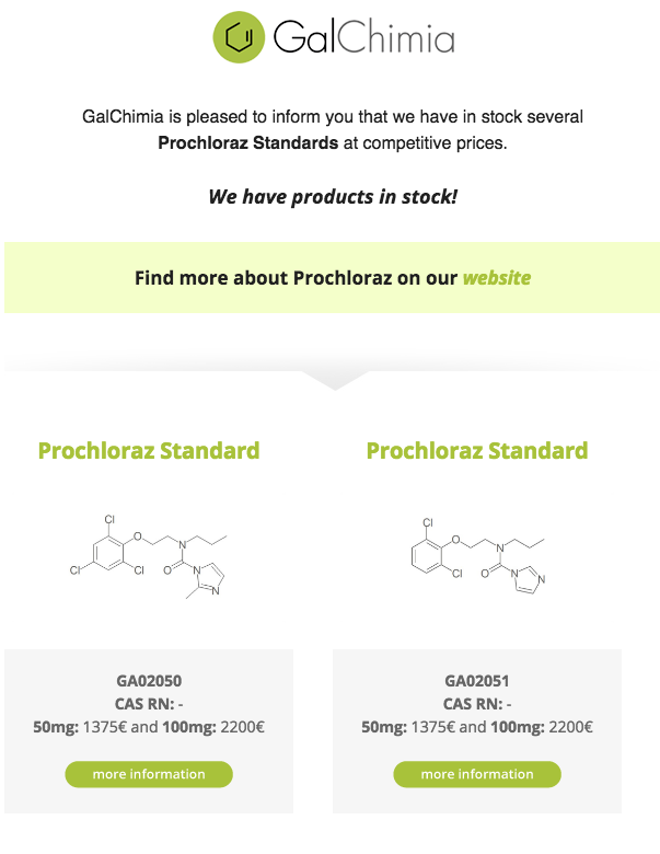 GalChimia is pleased to inform you that we have in stock several Prochloraz Standards at competitive prices.